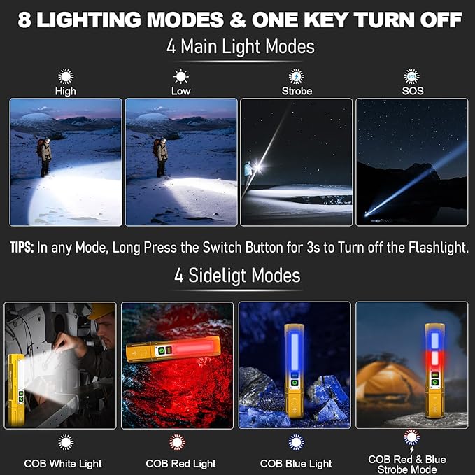 Rechargeable Flashlights High Lumens - Super Bright Small Pocket Magnetic Flashlight, 8 Modes LED Tactical Flash Light, Dual Button Powerful Flashlight for Camping (2, Yellow Gold)