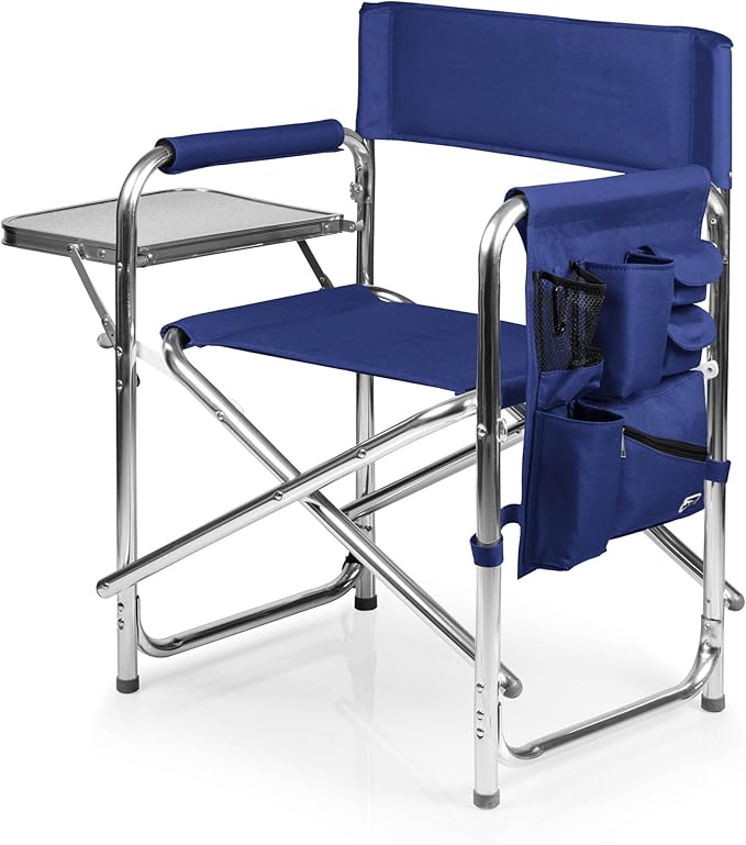 PICNIC TIME Sports Chair with Side Table, Outdoor Foldable Padded Adult Camping Chairs with Cup and Accessory Panel for Lawn, Beach, & Sports Use for Adults, up to 300-lbs Capacity, (Navy Blue)