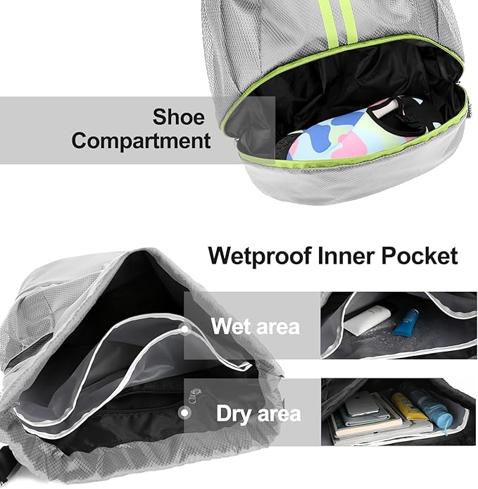 Hoedia Sports Drawstring Backpack - String Swim Gym Bag with Shoes Compartment and Wet Proof Pocket for Women and Men