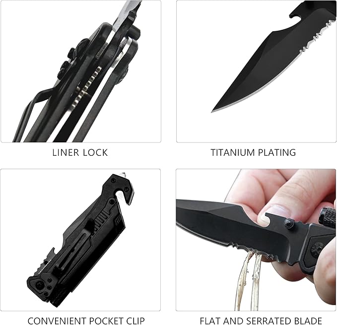 Engraved Pocket Knife for Men,6 in 1 Multifunction Folding Knives with Fire Starter,LED Light,Seatbelt Cutter,Glass Breaker,Bottle Opener,Anniversary Presents,Birthday Gifts