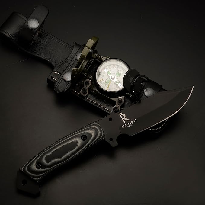 Fixed Blade Knife 10” Hunting Knife With Built-in Military Compass And Leather Sheath - G10 Handle Survival knives for Camping, Hiking, and Outdoor Use