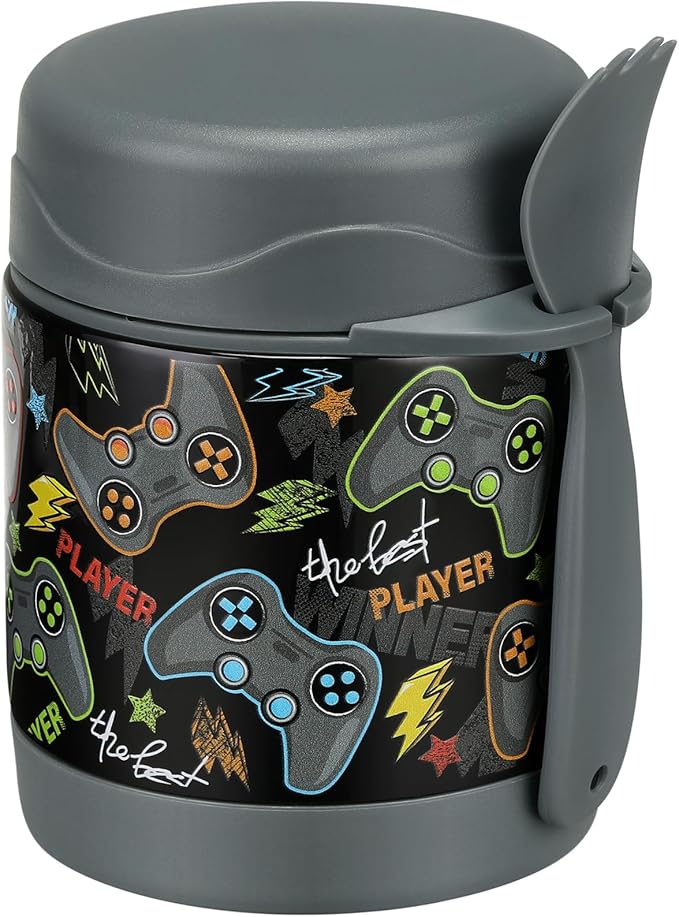 10oz Soup Thermo for Hot Food Kids Insulated Food Jar,Thermo Hot Food Lunch Container, Width Mouth Stainless Steel Lunch Box for Kids with Spoon (Black-Gamepad)