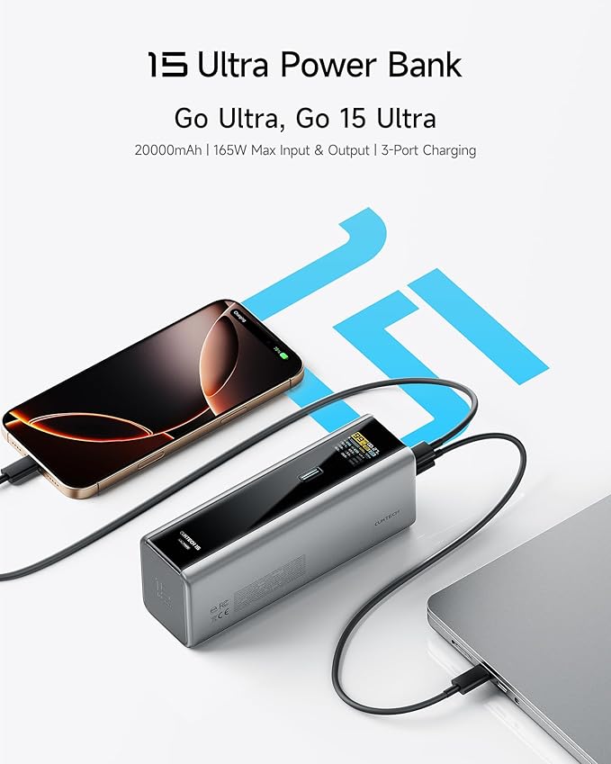 CUKTECH 15 Ultra Power Bank, 20000mAh 140W Laptop Charger, 3-Port USB C Charger, PD3.1 Fast Charging Battery Pack with Smart Display, Compatible with iPhone 16/15/14/13, Samsung, MacBook, Dell, etc