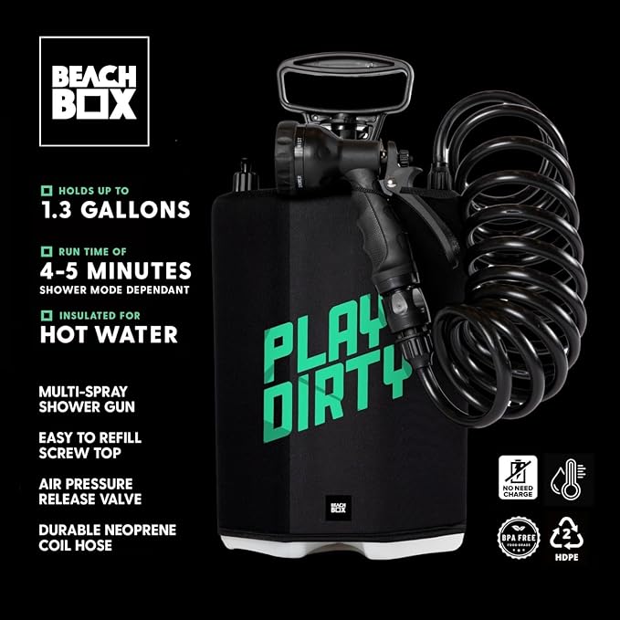 BeachBox Portable Shower Tank – Insulated Hot & Cold Water Tank for Camping, Beach, & Outdoor Adventures – 1.3 Gal Capacity – Multi-Spray Shower Gun – Easy Fill & Carry