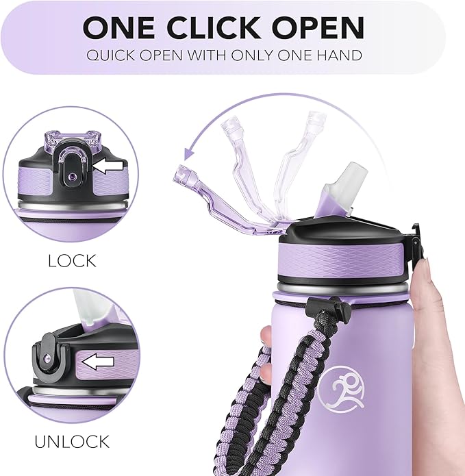 GOSWAG Insulated Sports Water Bottle, 24oz 2 Lids(with Straw/No Straw), Stainless Steel Water Bottles with Paracord Handle, Insulated Bottle with Double-Wall Vacuum Insulation