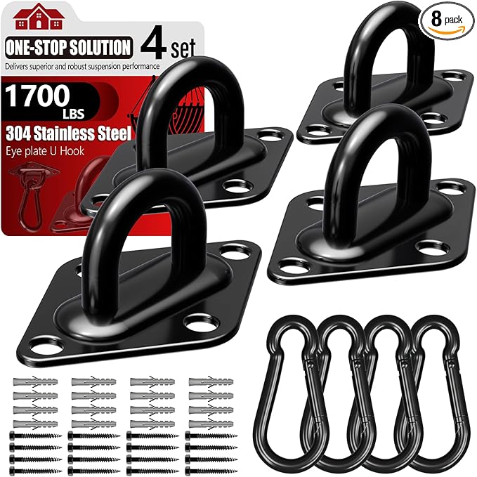 sprookber 304 Stainless Steel Pad Eye Snap Hooks, M10 Heavy Duty Ceiling Hook, 1700lb Capacity Hammock Swing Hanging kit, Plant Hangers, Marine Hardware Staple Hook Loop with Screws, Set of 8(Black)