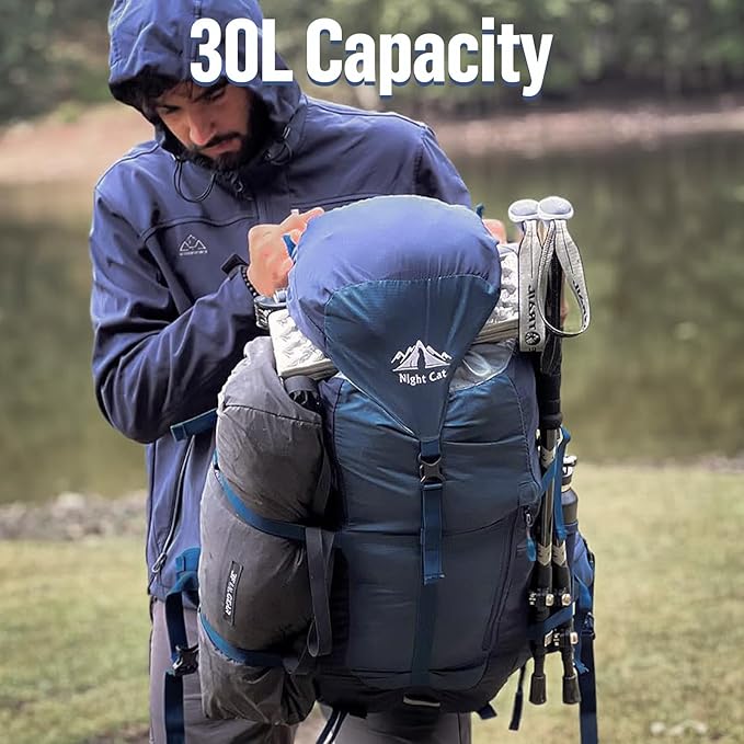 Night Cat Internal-frame Hiking Backpack: 30L Camping Backpack for Men Women Lightweight Waterproof Rain Cover Blue