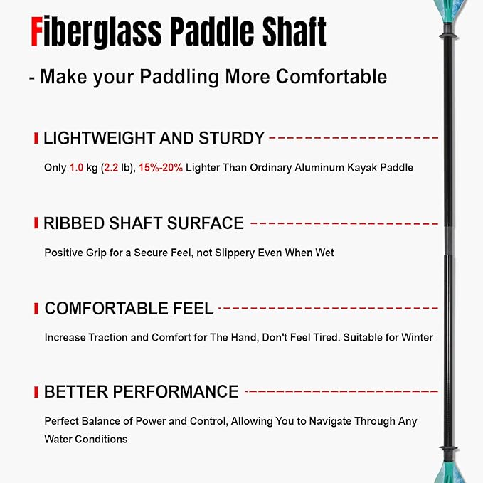 Kayak Paddles with Fiberglass Shaft and Reinforced PP Blade, Floating Adjustable Kayaking Oars, 3 Piece, 220-240 cm/86-94 Inches, 240-260 cm/94-102 Inches