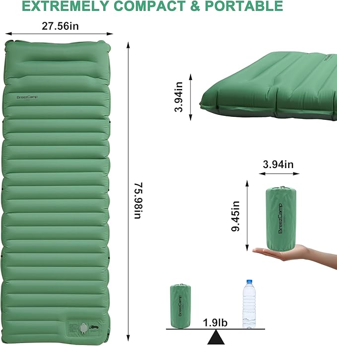 Camping Sleeping Pad,Ultralight Inflatable Camping Pads with Pillow & Foot Pump for Outdoor Hiking Travel Tent Backpacking Trip Car Camp Gear, Airpad Carry Bag,Compact Camping Mat, Green