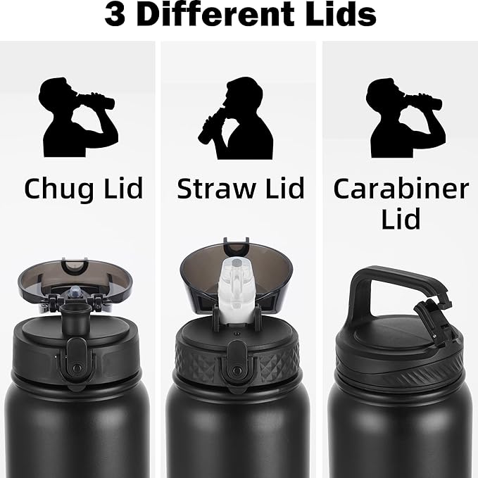 Oldley Insulated Water Bottle 32oz Water Bottles with Straw, Stainless Steel Water Bottle with 3 Lids, Double Wall Vacuum Bottles for Adult,Sports Bottles for School Travel, Black