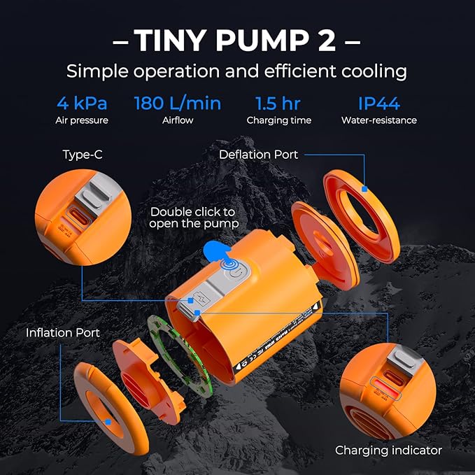 FLEXTAILGEAR Portable Air Pump - Tiny Pump 2, Electric Air Pump for Inflatables 2.8oz Battery Inflator Rechargeable Air Mattress Pump for Sleeping Pads, Pool Floats, Swimming Rings Black