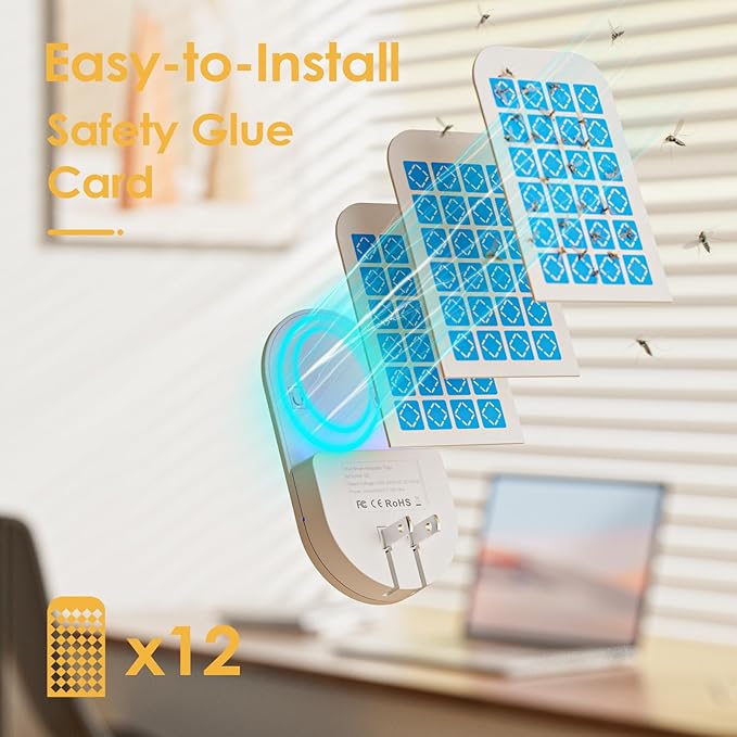 Flying Insect Trap, 2 in 1 Indoor Plug-in Fruit Fly Trap, 2 Trap White and 12 Glue Cards, Fruit Fly Traps for Gnat, Moth, Mosquito, Suitable for Every Part of The Home