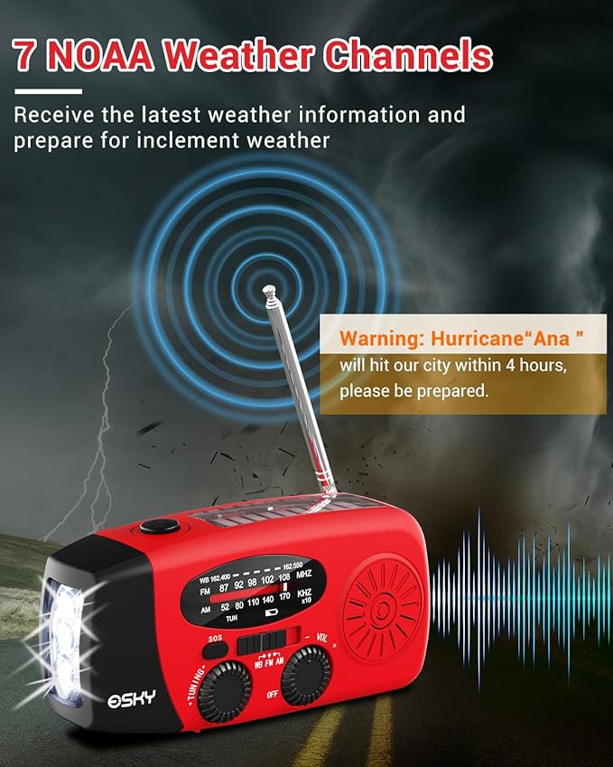 Esky Emergency Hand Crank Radio 7400mWh with 3 LED Flashlight, AM/FM/NOAA Portable Weather Radio with Power Bank Phone Charger, Solar Powered Rechargeable Radio for Indoor Survival Camping, SOS Alarm