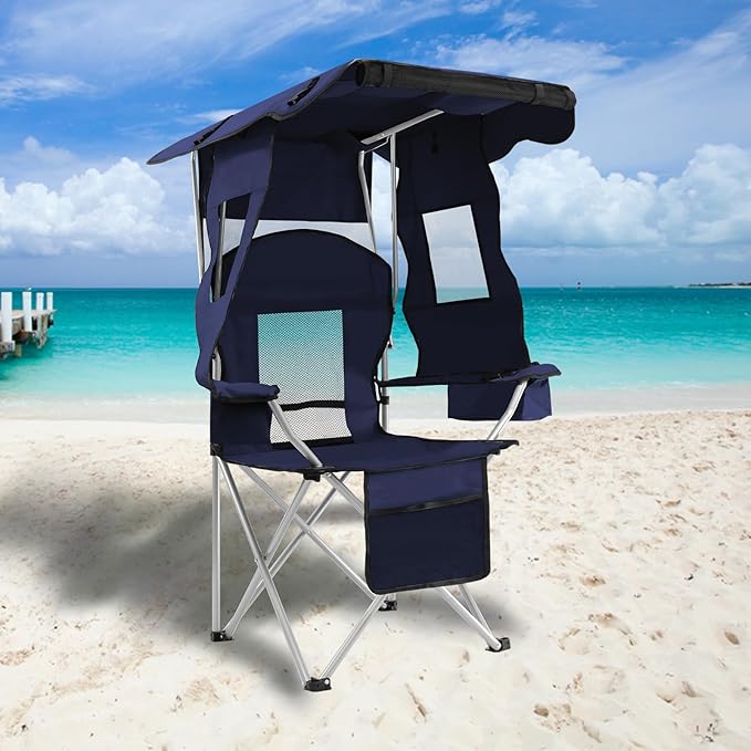 PLKO Camping Chairs with Canopy, Portable Quad Lawn Chair for Adults, Folding Recliner Chair with Cup Holder Outdoor Events and Shade- Support 330 LBS