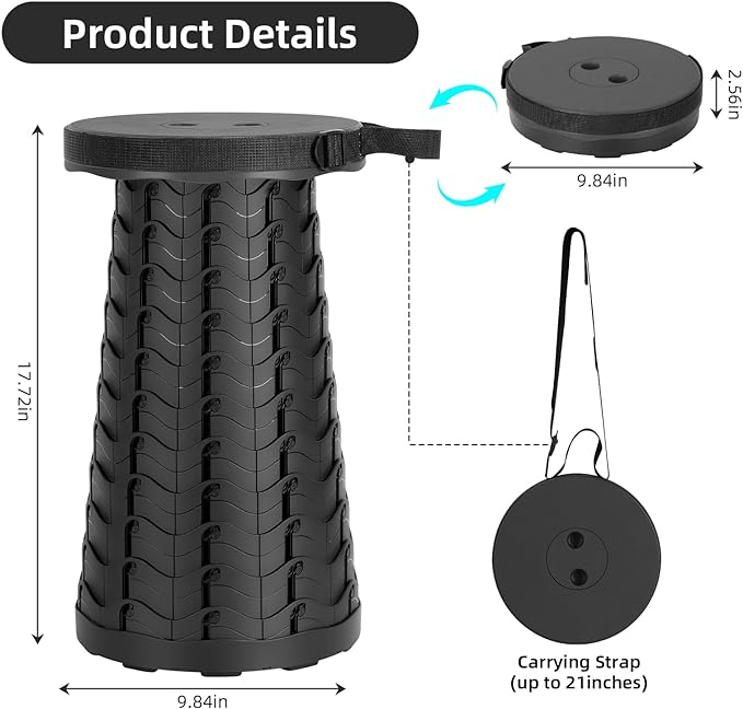 Collapsible Stool, Folding Chair - Upgraded Portable Chair with Load Capacity 400lbs, Portable Stool for Camping Fishing Hiking - Folding Tool with Carrying Straps,Gifts for Fisherman (Black)