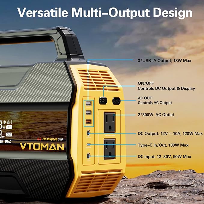 VTOMAN FlashSpeed 300 Portable Power Station 300W, 230Wh Solar Generator with LiFePO4 Battery Pack, 3000 Cycles, PD 100W USB-C, 6 Outlets for Outdoor Camping, RV, Off-grid, Home Backup