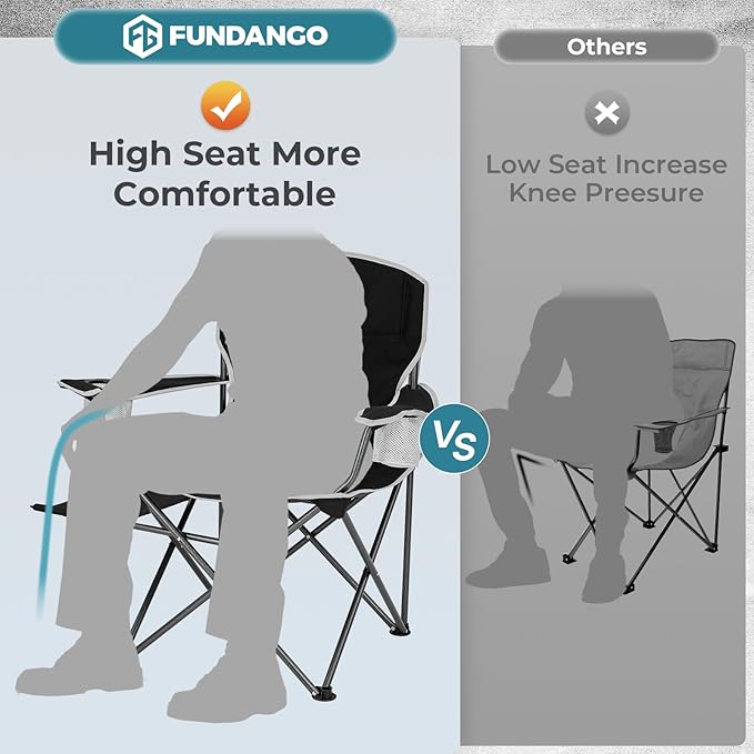 FUNDANGO Folding Camping Chair with Table, Portable Heavy Duty Outdoor Padded Chairs for Adults with Cup Holders for Lawn Beach Picnic Outside Travel (Black)
