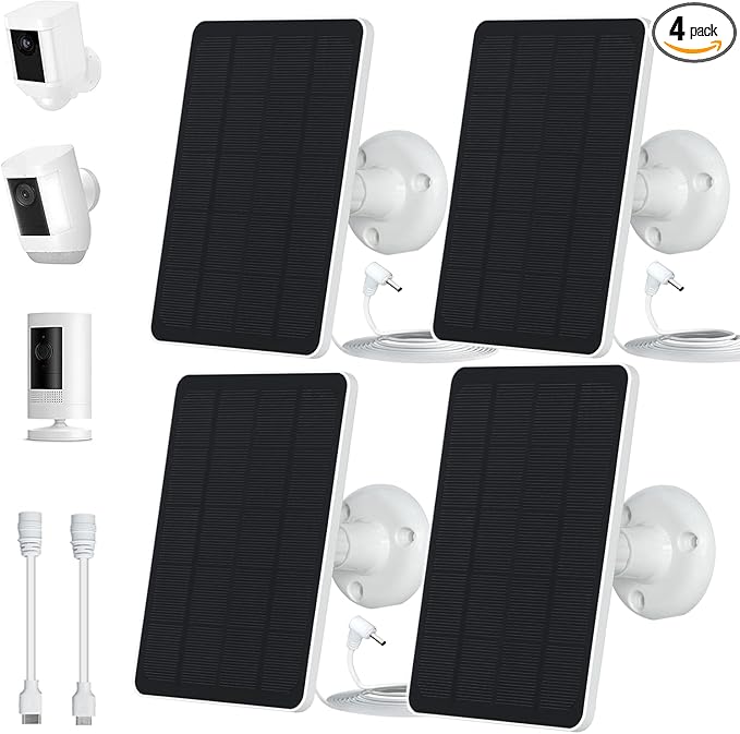 4-Pack 5W Solar Panels for Security Cameras with 360° Adjustable Mounting - IP65 Waterproof - 9.8 Ft Charging Cable - Micro USB & USB-C & DC3.5mm Ports
