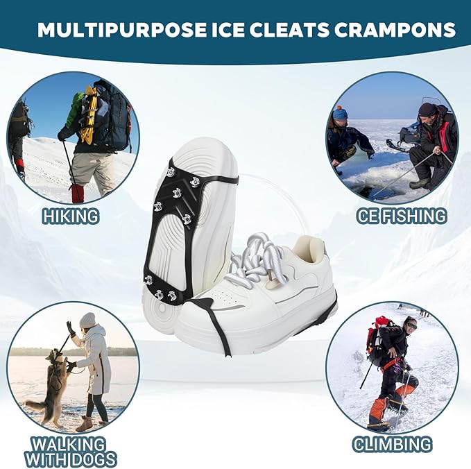 2 Pairs Ice Cleats for Shoes and Boots, Ice Snow Gripper Shoe/Boot Traction Cleats with 8 Stainless Steel Spikes, Winter Outdoor Anti-Slip Crampons for Walking, Climbing and Hiking