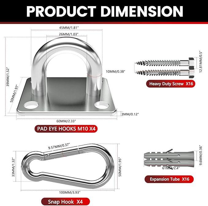 sprookber 304 Stainless Steel Pad Eye Snap Hooks, M10 Heavy Duty Ceiling Hooks, 1700lb Capacity Hammock Swing Hanging kit, Plant Hangers, Marine Hardware Staple Hook Loop with Screws, Set of 8