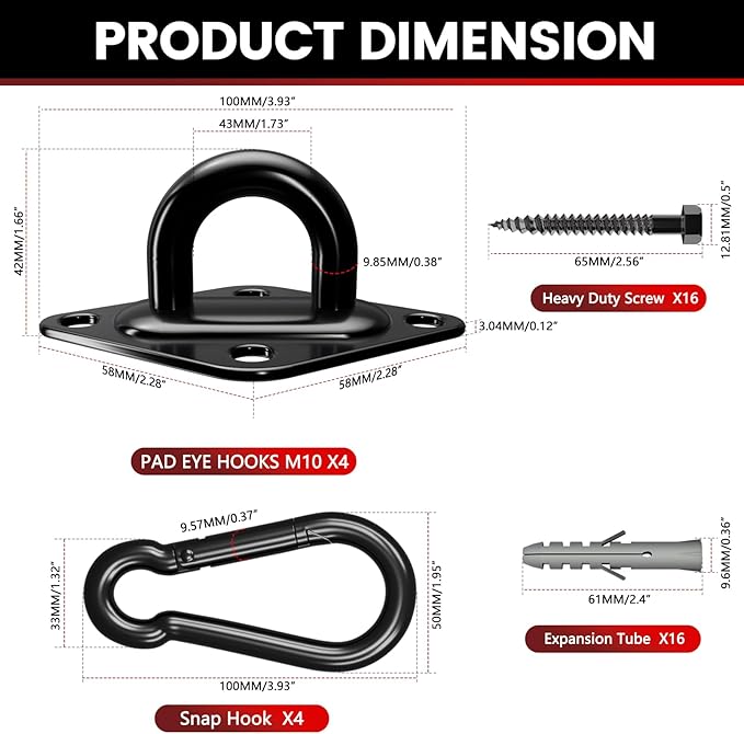 sprookber 304 Stainless Steel Pad Eye Snap Hooks, M10 Heavy Duty Ceiling Hook, 1700lb Capacity Hammock Swing Hanging kit, Plant Hangers, Marine Hardware Staple Hook Loop with Screws, Set of 8(Black)