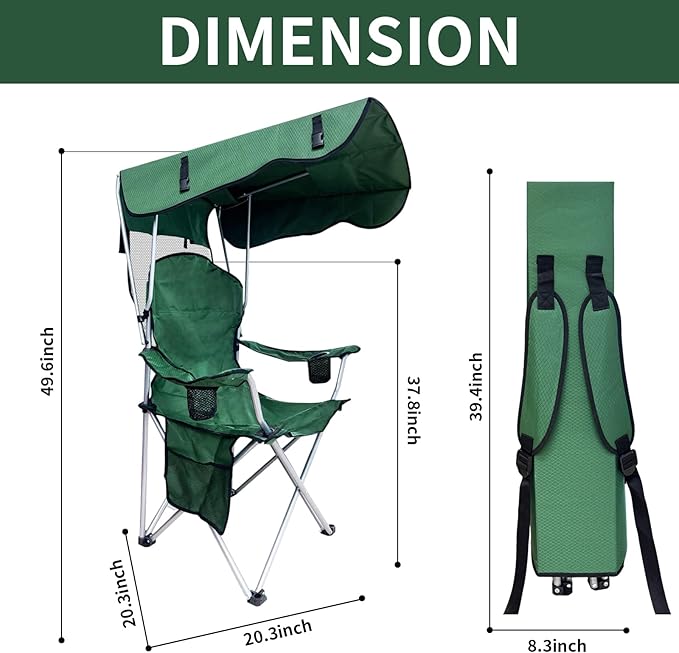Portable Camping Chair with Canopy Shade- Folding Camping Lounge Chair with Cup Holder & Side Pocket for Outdoor Camping, Fishing, Beach - Support 330 LBS (GREEN-2PK)