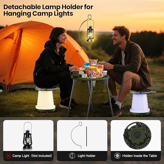 LED Camping Table Set with Stools, 300lbs Capacity Adjustable Height Folding Table & Chairs, All-in-One Compact Design for Outdoor, Camping, Picnic, Tailgating