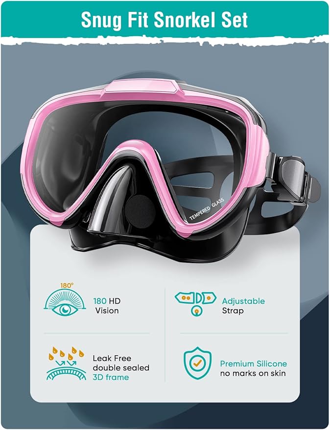 Snorkel Set Adults Snorkeling Gear Anti-Fog Panoramic View Swim Mask Dry Top Snorkel Kit with Carry Bag for Snorkeling Scuba Diving Swimming Travel