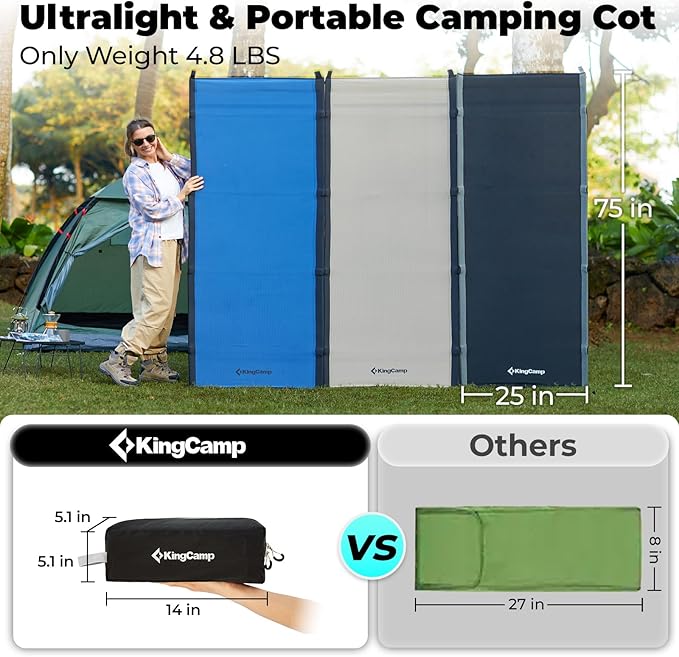 KingCamp Camping Cots for Adults Outdoors Backpacking,Folding Ultralight Heavy Duty Sleeping Cots Compact Portable Cot for Travel Hiking,Indoor Base Camping Bed with Storage Bag and Pillow, Blue