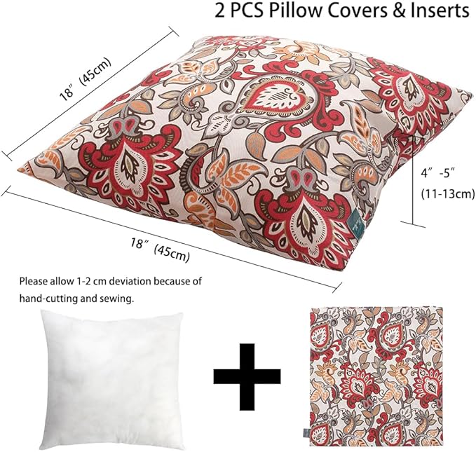 Magpie Fabrcis Pack of 2 Outdoor Waterproof Throw Pillow with Insert 18 x 18 Inch, Christmas Decorative Back Cushion Pad for Garden Patio Tent Balcony Couch Sofa(Floral Red Orange)