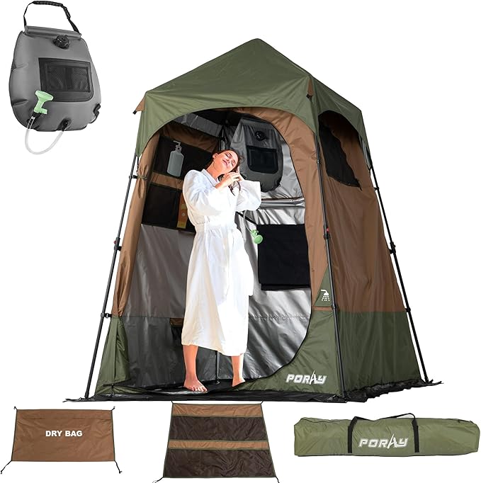 Camping Shower Tent Deluxe Changing Room Easy Set Up Privacy Shelter,Large Toilet Tent with Floor Drain Design for Beach, Camping,Hiking with Stakes and Ropes for Stability