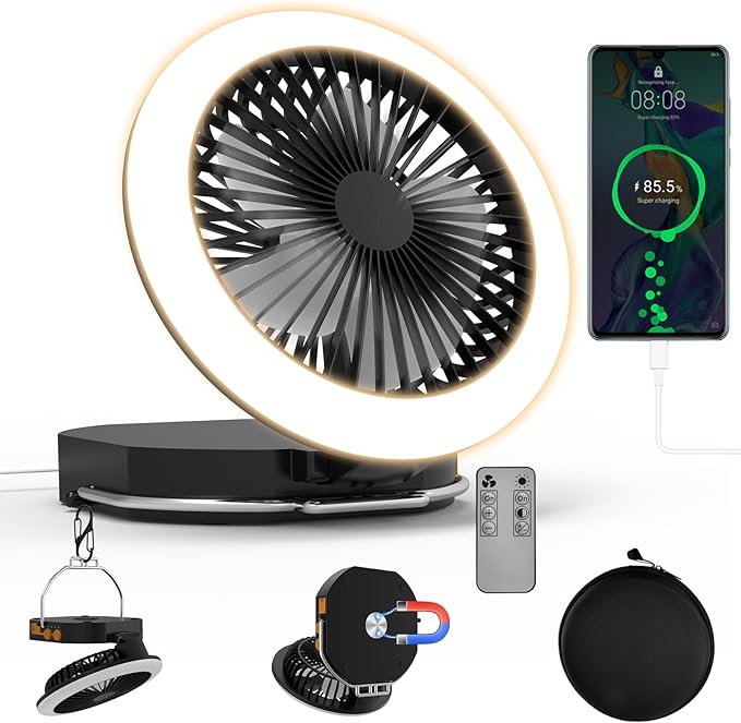 Portable Travel Fan Light, Rechargeable 12000mAh Camping Light, with Carring Bag, Silent Max 24 Hours Endurance, 2000LM 3 Lights Modes 2700K/4000K/6500K, for Vacation Outdoor Tent Light Camping