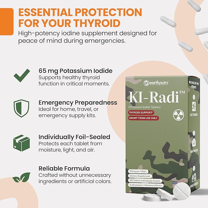 EarthNutri KI-Radi™ Potassium Iodide Tablets 65 mg – High Potency Iodine Supplement for Thyroid Support, Emergency Preparedness – Potassium Supplement in Foil-Foil Blister Seal – 20 Tablets