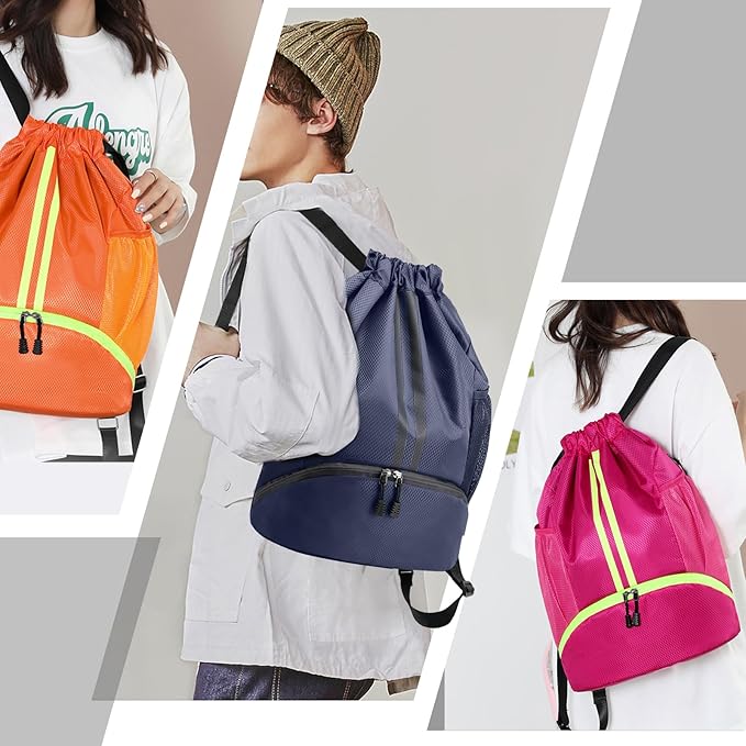 Hoedia Sports Drawstring Backpack - String Swim Gym Bag with Shoes Compartment and Wet Proof Pocket for Women and Men