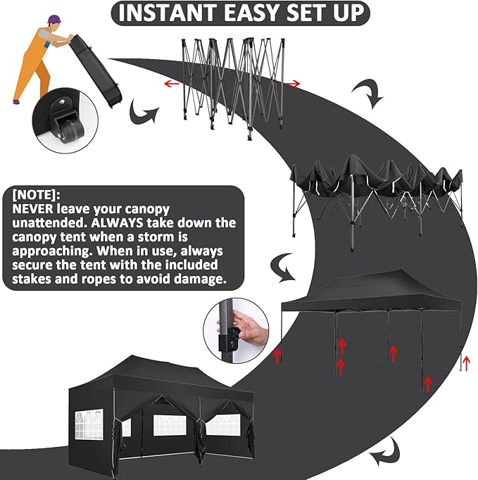 COBIZI 10x20 Pop Up Canopy with 6 Sidewall,Heavy Duty Canopy UPF 50+ All Season Wind Waterproof Commercial Outdoor Wedding Party Tents for Parties Gazebo with Roller Bag(10 x 20 ft Black)