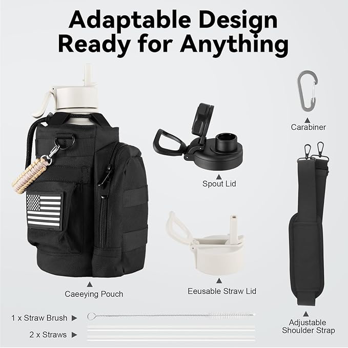 KXIAOCHEN Insulated Water Bottle, Stainless Steel Water Bottle, 2 Lids (Straw and Handle Lid),Wide Mouth Metal Water Bottles Keep Hot and Cold, Double Walled, Thermo Mug, Metal Canteen