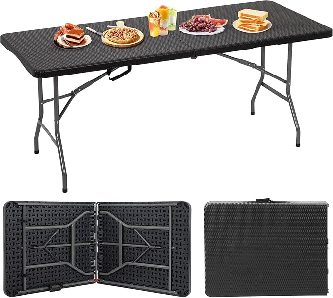 BestOffice Outdoor Folding Camping Table Plastic Table Portable Square Height Dining Table Perfect for Picnics,Parties,Party and Camping,Black Ratten