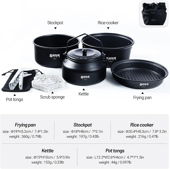 Himalaya 4 Pcs Portable Camping Cookware Mess Kit with Lightweight Pots Pans Kettle Carry Mesh Bag Cleaning Sponge for Kitchen Stove Outdoor Backpacking Hiking Family Picnic Outdoor