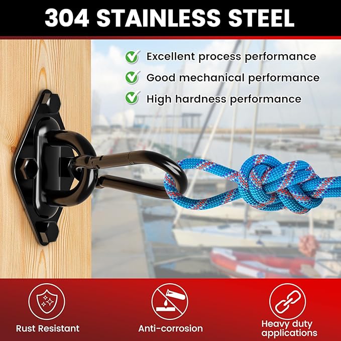 sprookber 304 Stainless Steel Pad Eye Snap Hooks, M10 Heavy Duty Ceiling Hook, 1700lb Capacity Hammock Swing Hanging kit, Plant Hangers, Marine Hardware Staple Hook Loop with Screws, Set of 8(Black)