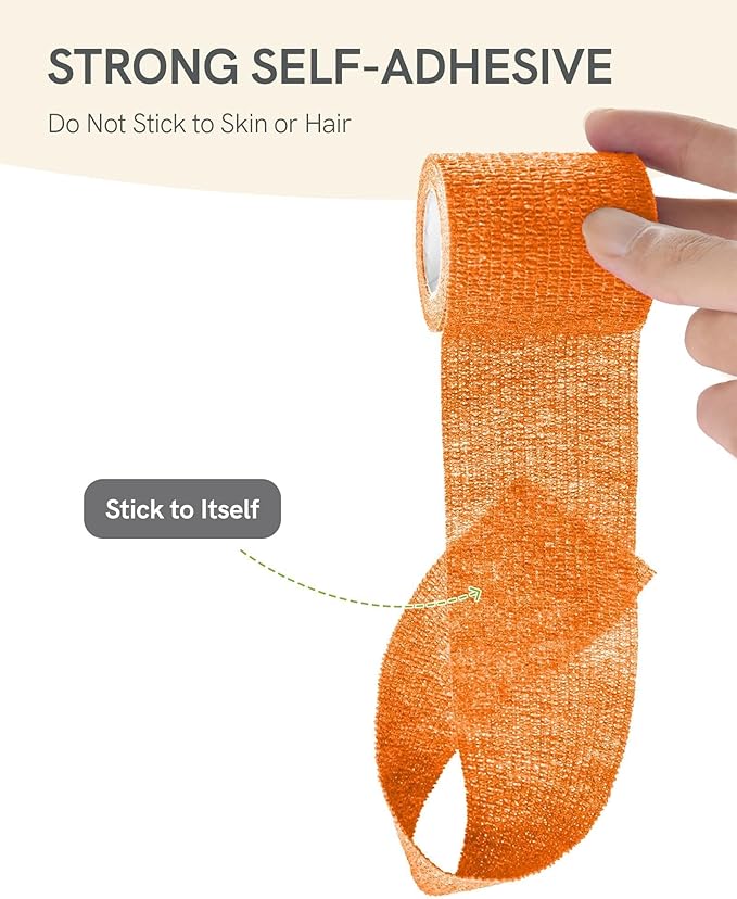 FriCARE Self Adhesive Bandage Wrap, Medical Tape in First Aid Kit, Cohesive Bandages for Wounds Sport Vet, FSA/HSA Eligible, 2 Inches X 5 Yards 6 Rolls, Orange