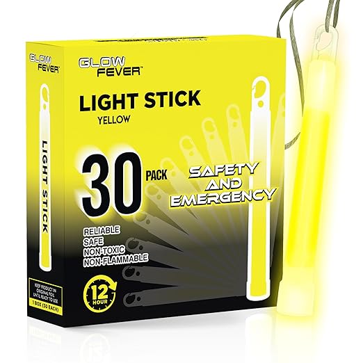 Glow Fever Emergency Safety Military Grade Glow Sticks, 30pcs 6'' Lightsticks, Light Up Ultra Bright with 12 Hours Duration. for Hiking Party Camping Blackouts Hurricane Shelter Survival Kit (Yellow)