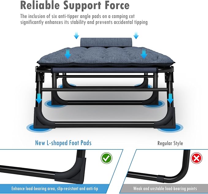 ATORPOK Folding Camping Cot for Adults with Padded Mattress and Pillow, Adjustable Reclining Lounger Sleeping Cot Bed, Ideal for Camping, Travel, Garden, or Office Use, Blue