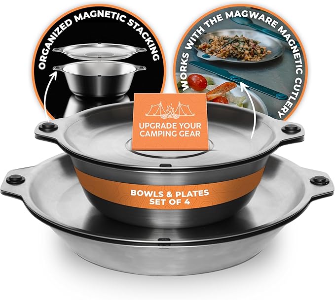 FULL WiNDSOR - MAGWARE - Magnetic Bowls and Plates Set - Stainless Steel Travel Dinnerware for Camping, Overlanding, Backpacking, Picnic, RV, Outdoor Dining Portable Tableware Mess Kit