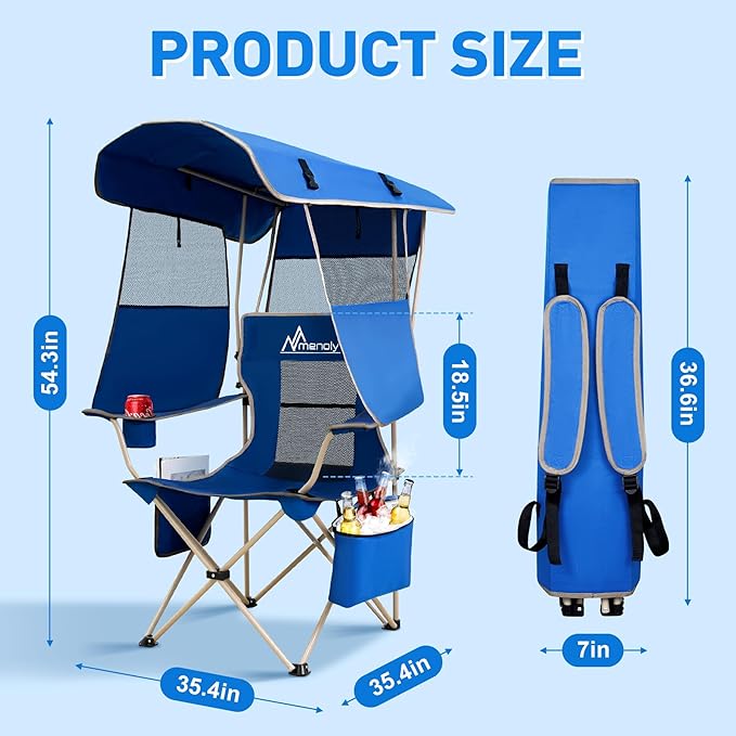 MENOLY Camping Chair with Shade Canopy, Folding Canopy Chair with Cooler Bag for Outdoor Sports, Lawn Chairs with Extra Storage Space, Sturdy Steel Frame for Camping, Beach, Tailgates, Fishing