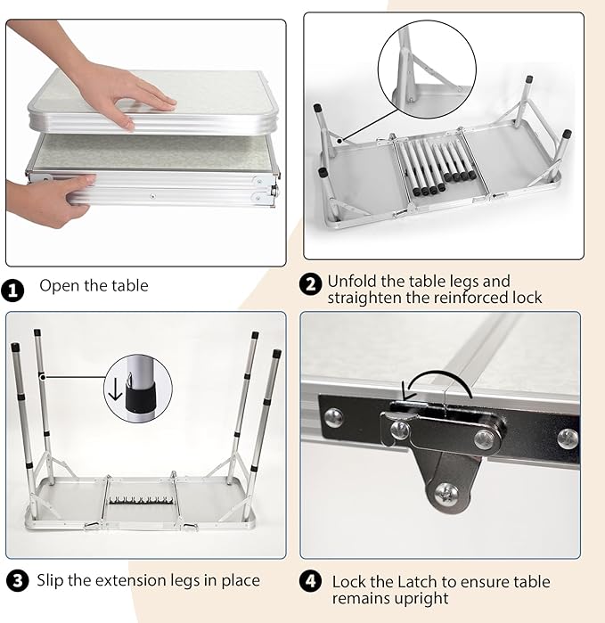 3ft Aluminum Folding Picnic Table - Lightweight & Portable Outdoor Table with Adjustable Height, Storage Net for Camping, Backyard, RV Trips