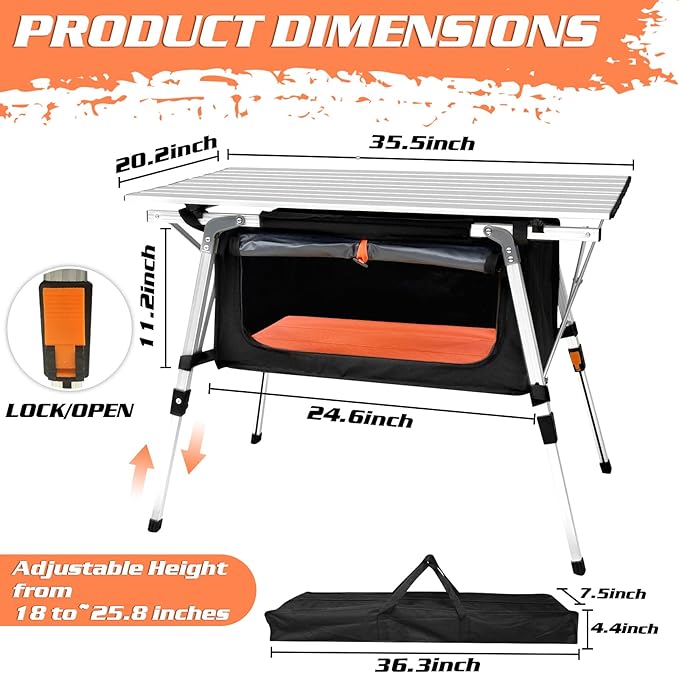 35IN Aluminum Camping Table with Large Storage Bag, Portable Roll-Up Folding Camp Table Adjustable Height Outdoor Kitchen for Camping Picnic Beach