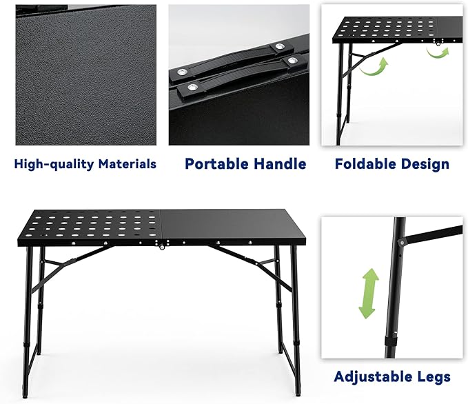 Skyflame Folding Camping Table with Adjustable Height Legs, Black Metal Portable Outdoor Grill Stand Table with Handle for BBQ, Grilling, Camping Trip, RV, Picnic, Backyards, Tailgating