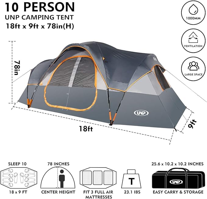 UNP Camping Tent 10-Person-Family Tents, Parties, Music Festival Tent, Big, Easy Up, 5 Large Mesh Windows, Double Layer, 2 Room, Waterproof, Weather Resistant, 18ft x 9ft x78in