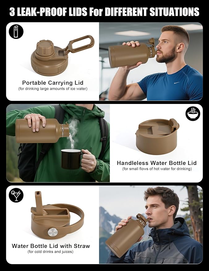 Tactical Half Gallon Water Bottle with Straw, 64 oz Insulated Water Jug with Molle Sleeve, Stainless Steel Sport Bottle with 3 BPA Free Lids for Gym Workout Hiking (Brown, 64OZ)