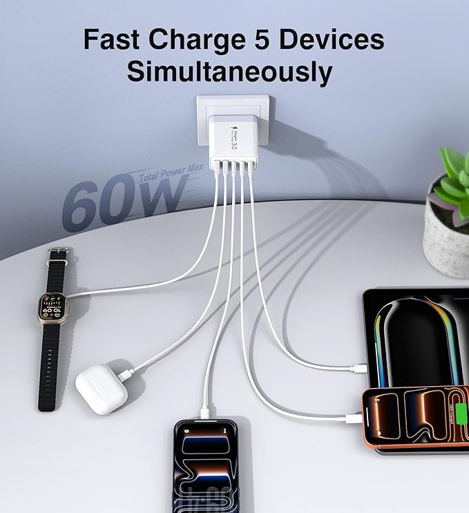 USB C Charger Block, [2-Pack] 60W 5-Port Fast Charger 20W Type C Charging Block 3.1A USB Wall Charger Dual Port PD+QC Charging Cube for iPhone 17 16 15 14 13 12 Pro Max XS, iPad, Samsung Phone, Tablet